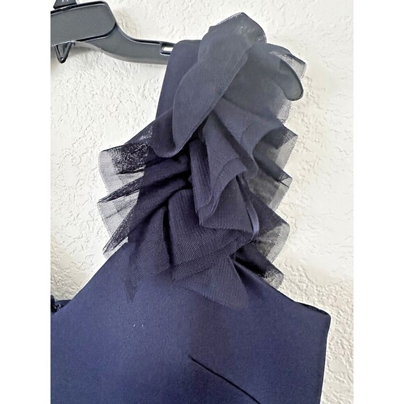 Eliza J Women's Ruffle-Shoulder Mixed-Media V-neck Gown Maxi Dress Navy 12 - Picture 6 of 9